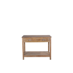 Consola de madera maciza con dos cajones y repisa inferior, acabado marrón