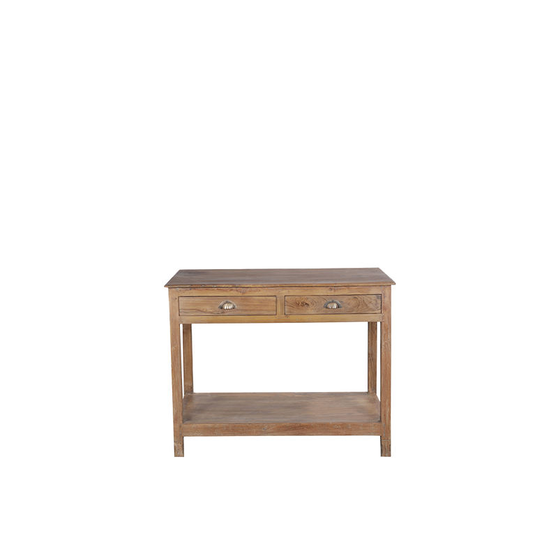 Consola de madera maciza con dos cajones y repisa inferior, acabado marrón