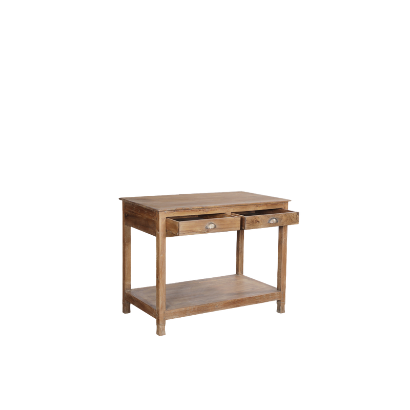 Consola de madera maciza con cajón superior y repisa inferior abierta, marrón