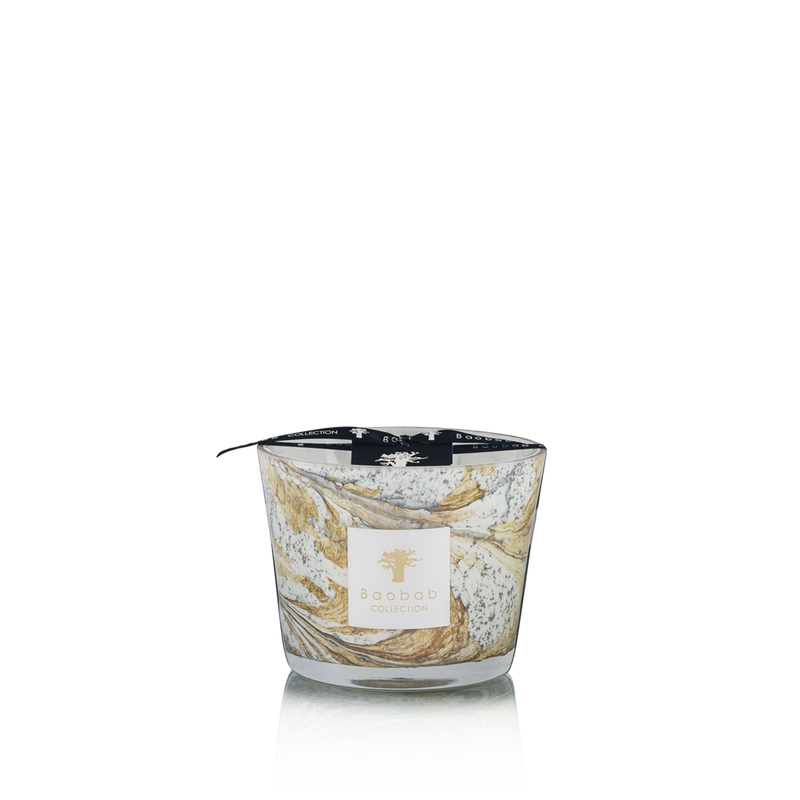 Vela en vaso de vidrio grande con tapa negra y etiqueta Baobab Collection