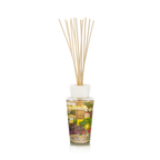Difusor de aroma con frasco transparente estampado y varillas de madera, base circular