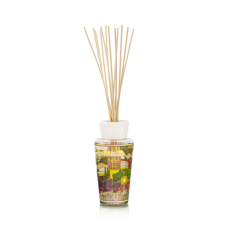 Difusor de aroma con frasco transparente estampado y varillas de madera, base circular