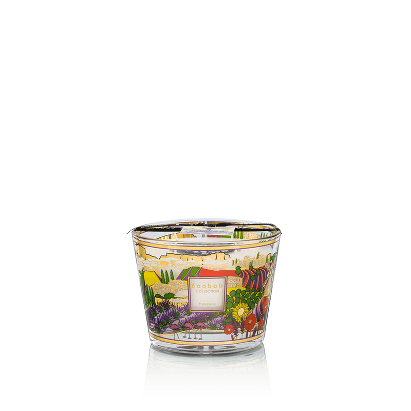 Vela Baobab en vaso de vidrio transparente con paisaje provenzal ilustrado