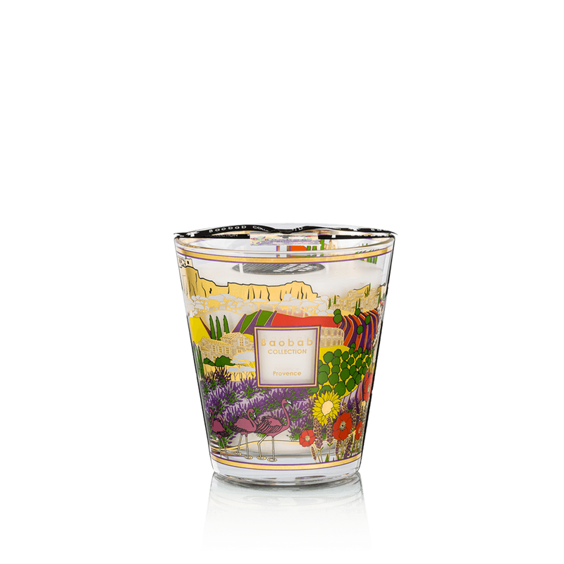 Vela Baobab en vaso de vidrio transparente con ilustración de flores y cactus provenzal