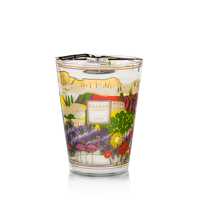 Vela Baobab en vaso de vidrio transparente con ilustración de campos y flores provenzal