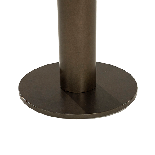 Mesa de centro: base circular y columna cilíndrica oscura con unión al sobre