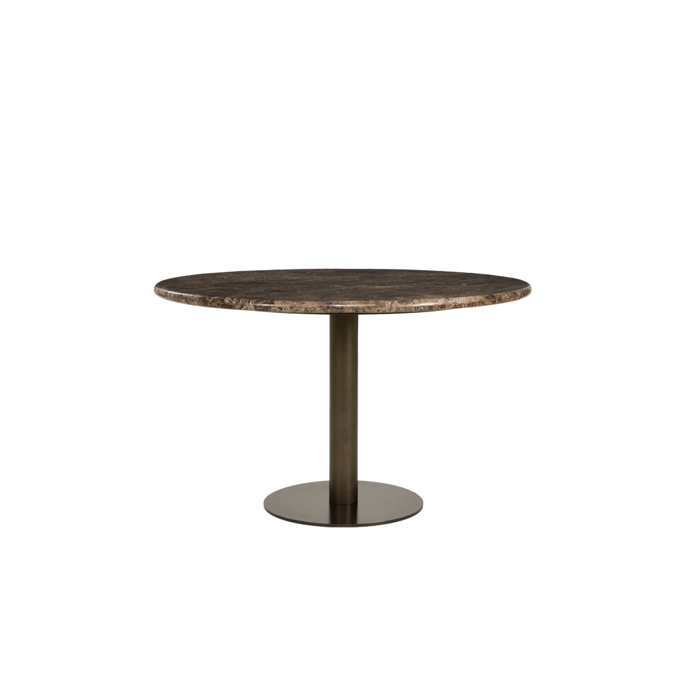 Mesa de comedor redonda de mármol con soporte metálico cilíndrico