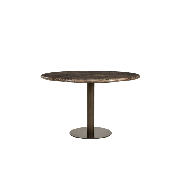 Mesa de comedor redonda de mármol con soporte metálico cilíndrico