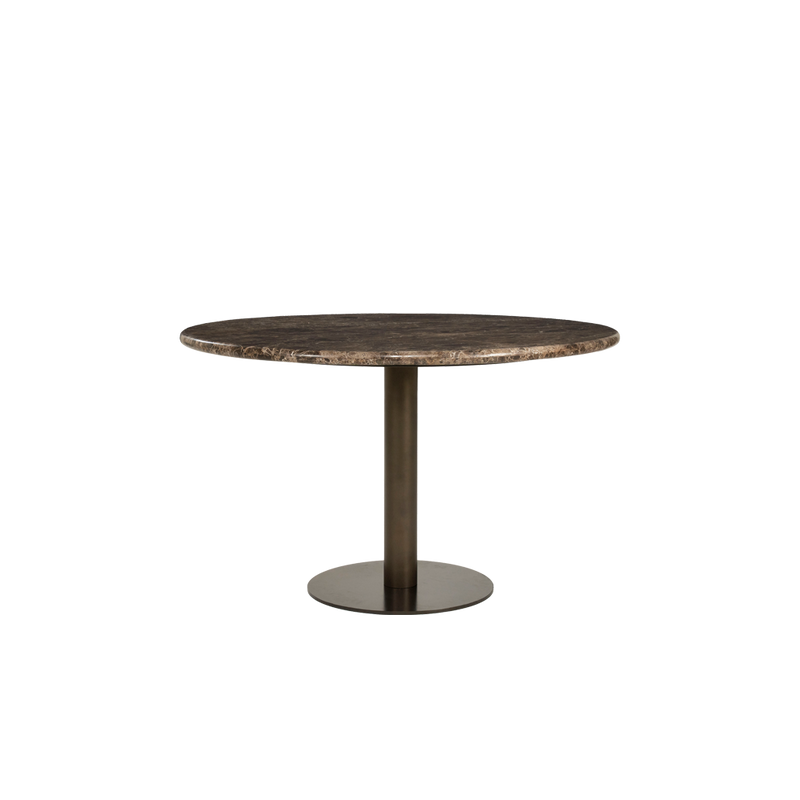 Mesa de comedor redonda de mármol con soporte metálico cilíndrico