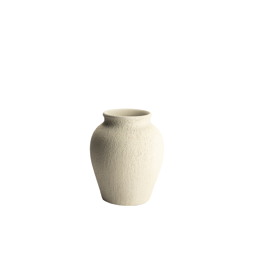 Jarrón de cerámica beige texturizado, cuello estrecho y boca ancha