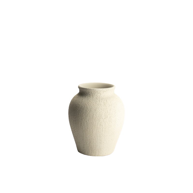 Jarrón de cerámica beige texturizado, cuello estrecho y boca ancha