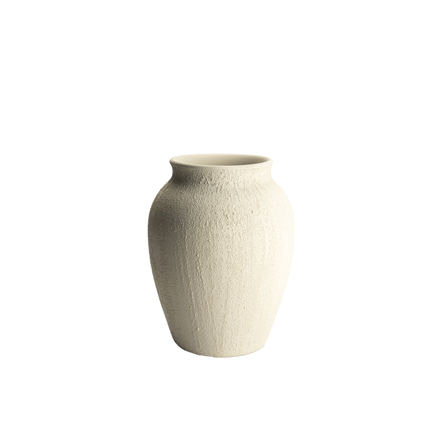 Jarrón de terracota beige, forma ovalada y boca ancha, 29x35 cm