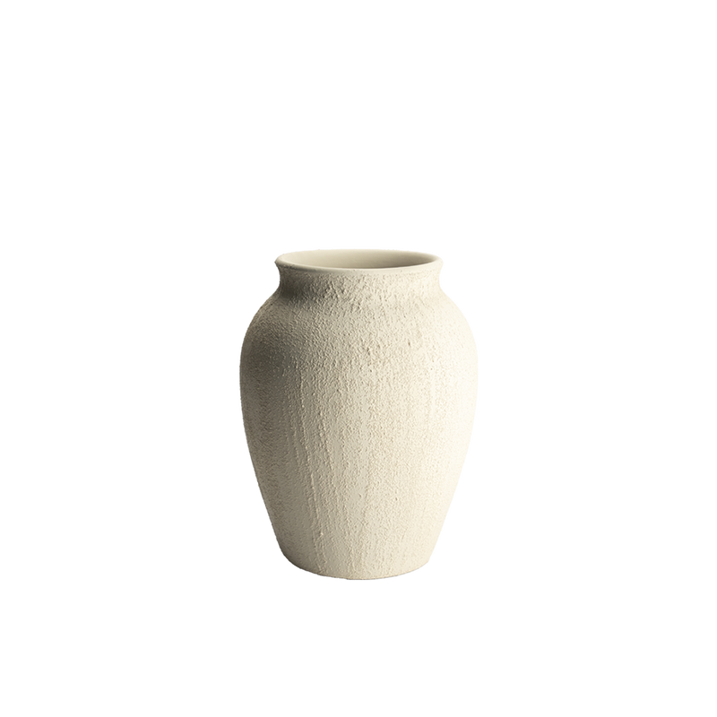 Jarrón de terracota beige, forma ovalada y boca ancha, 29x35 cm