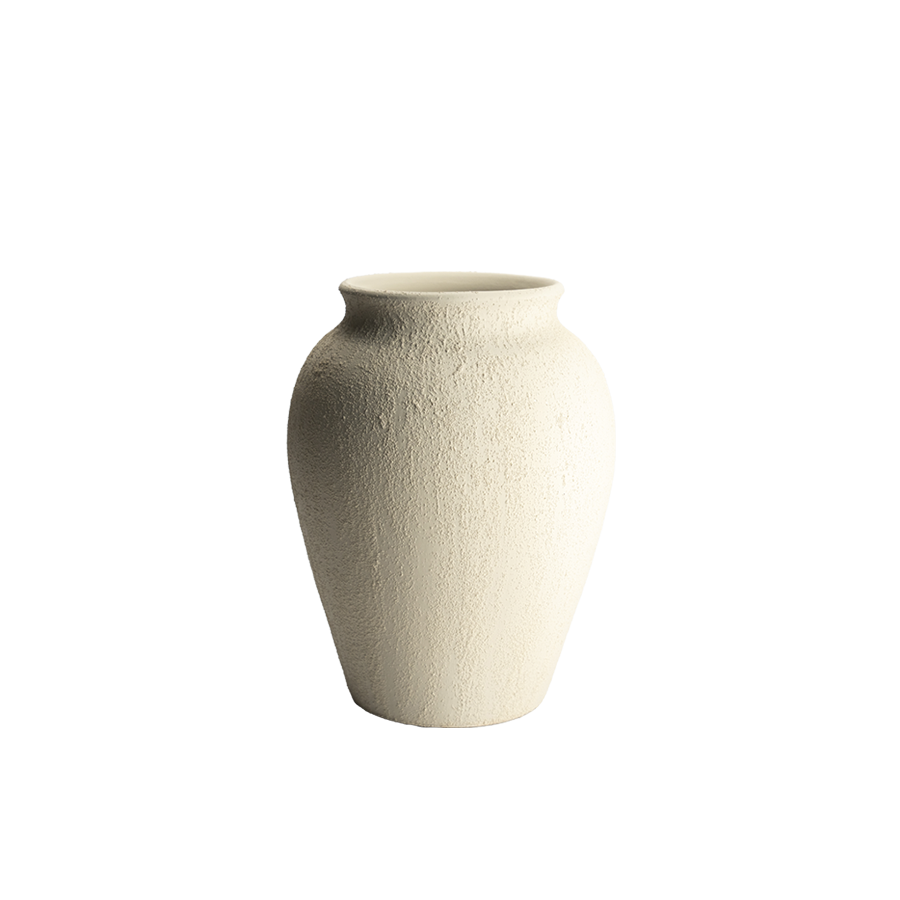 Jarrón de cerámica beige con textura, cuello corto y cuerpo abombado