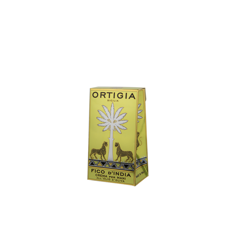 Crema para manos Fico d'India en caja amarilla con ilustración de planta