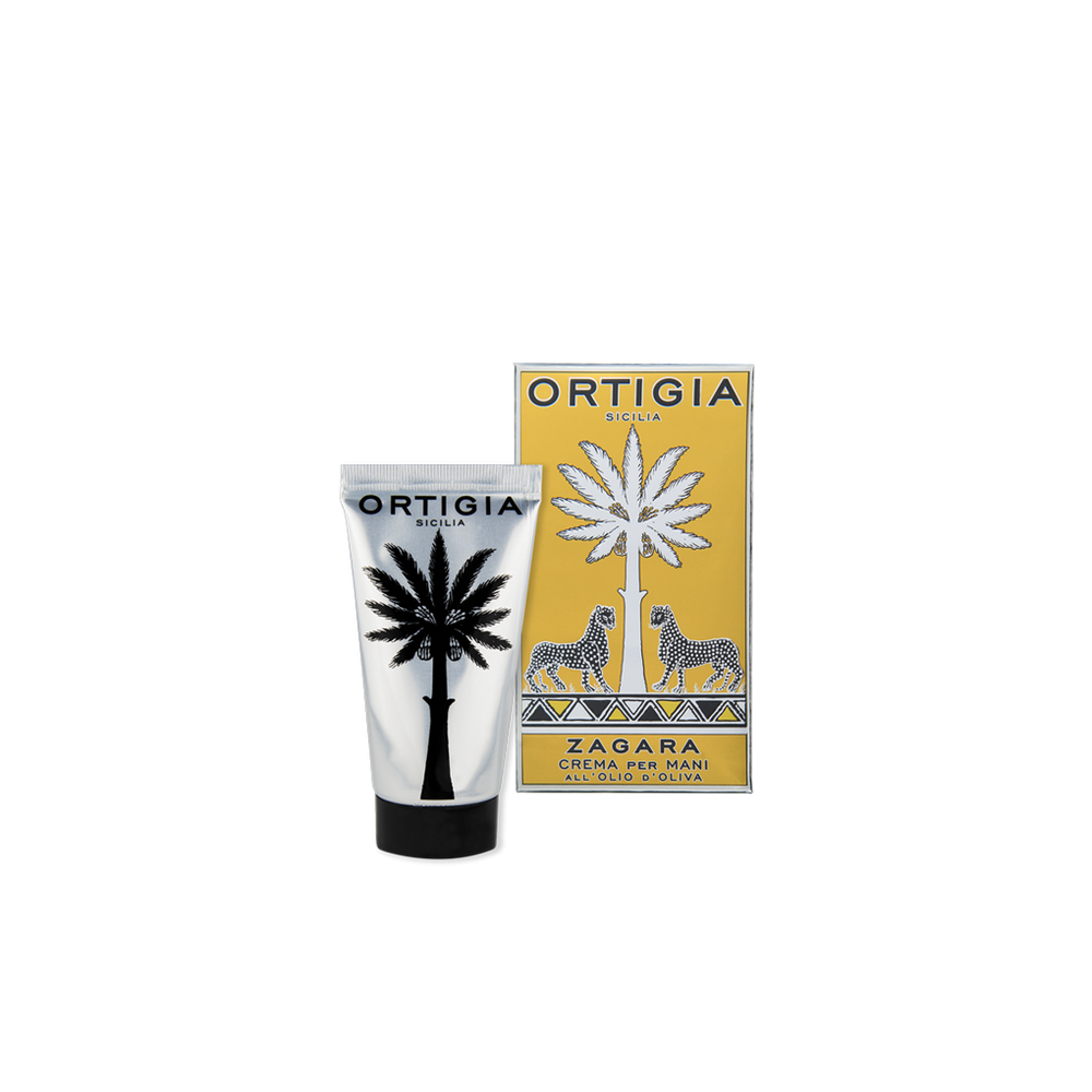 Crema de manos Zagara Ortigia: tubo y caja con ilustración de palmera negra