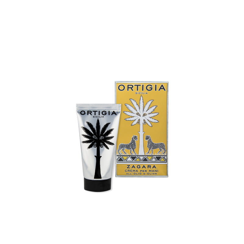 Crema de manos Zagara Ortigia: tubo y caja con ilustración de palmera negra