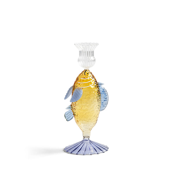 Candelabro de cristal con forma de pez amarillo, aletas y base azul