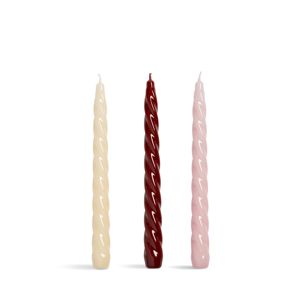 Set de 3 velas en espiral: marfil, rojo y rosa, estilo candelabro