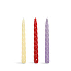 Set de 3 velas en espiral, colores crema, rojo y lila