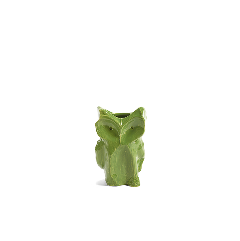 Jarrón de cerámica con forma de búho verde brillante, vista frontal