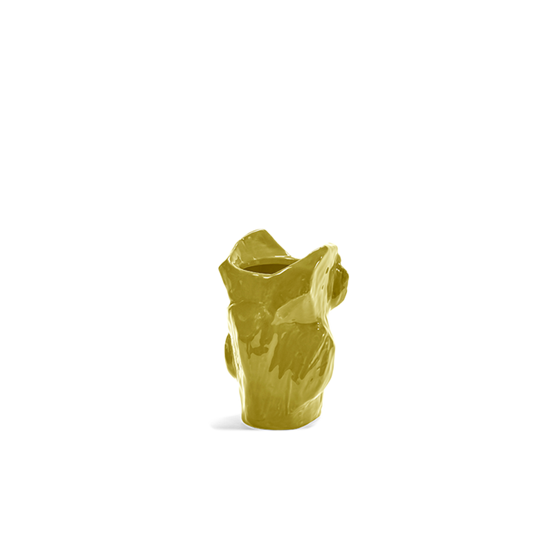 Jarrón cerámica búho Marni amarillo XS, vista lateral con cavidad superior