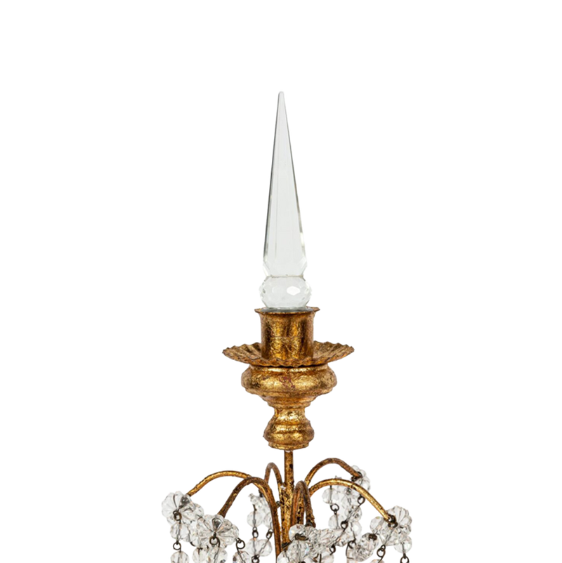 Candelabro de sobremesa dorado con vela blanca y colgantes de cristal