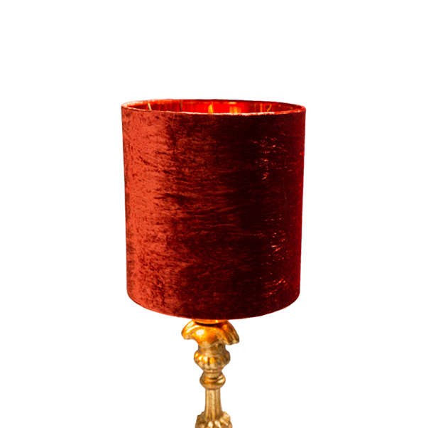 Lámpara de sobremesa con pantalla cilíndrica roja y pie dorado decorativo