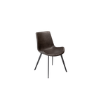 Silla tapizada gris vintage con respaldo alto y patas metálicas negras, vista frontal