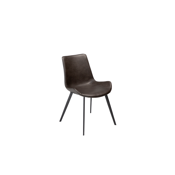 Silla tapizada gris vintage con respaldo alto y patas metálicas negras, vista frontal