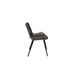 Silla tapizada gris vintage con respaldo curvo y patas metálicas negras, vista lateral