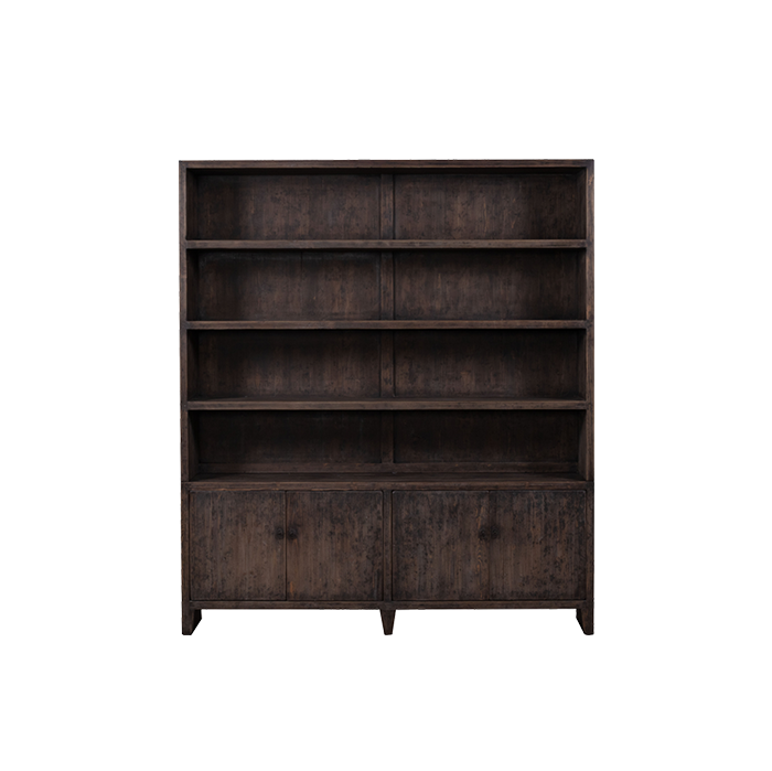 Librería de madera oscura con estantes abiertos y panel inferior con dos puertas