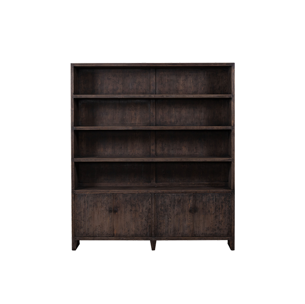 Librería de madera oscura con estantes abiertos y panel inferior con dos puertas