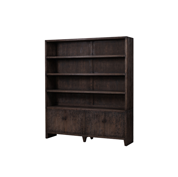Librería de madera oscura de pie con estantes abiertos y panel inferior con puertas