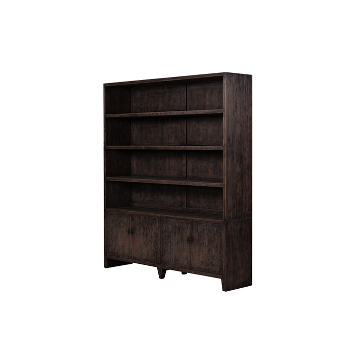 Librería de madera oscura vista lateral con estantes abiertos y base con puertas