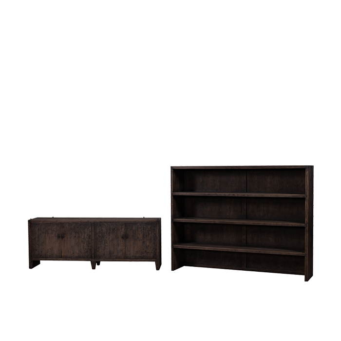 Librería de madera oscura con puertas inferiores abiertas y estantes visibles