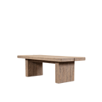 Mesa de comedor de madera maciza vista en perspectiva con tablero y patas laterales