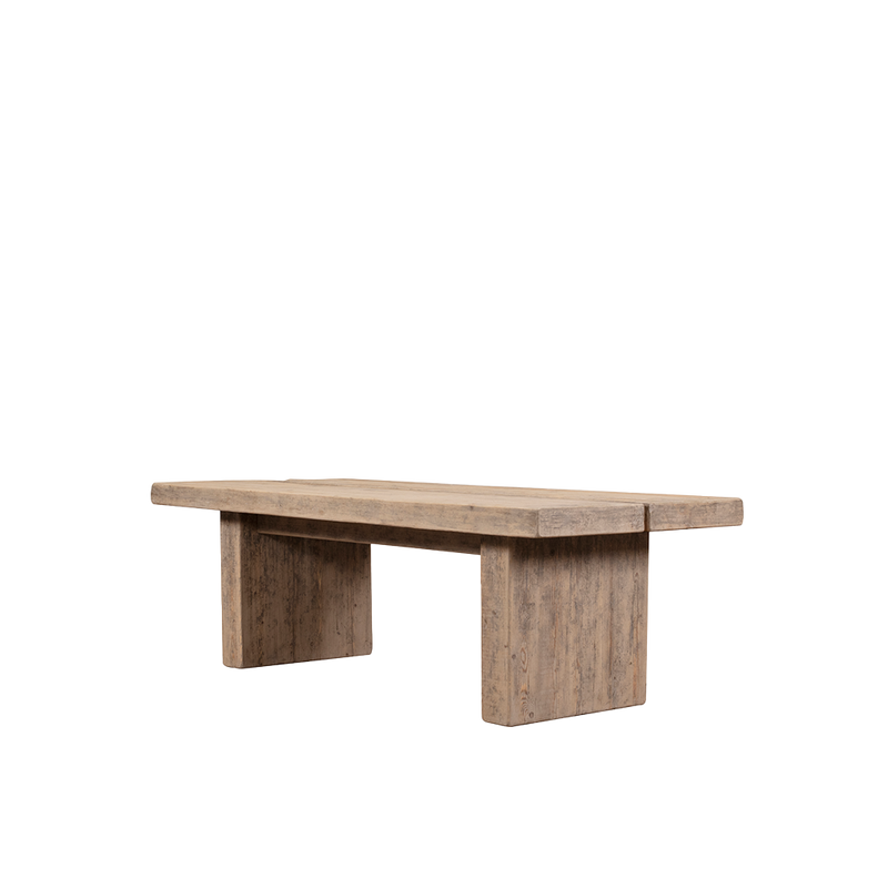 Mesa de comedor de madera maciza vista en perspectiva con tablero y patas laterales