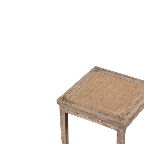 Mesita cuadrada: tapa con textura de ratán y marco de madera envejecida.