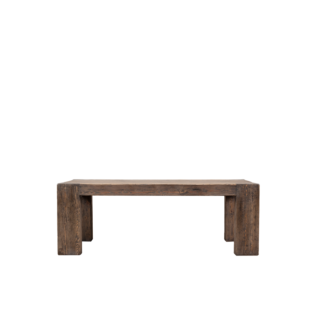 Mesa de comedor de madera maciza oscura, con cuatro patas rectas y tablero vetado