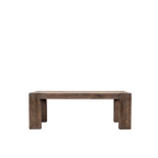 Mesa de comedor de madera maciza oscura, con cuatro patas rectas y tablero vetado