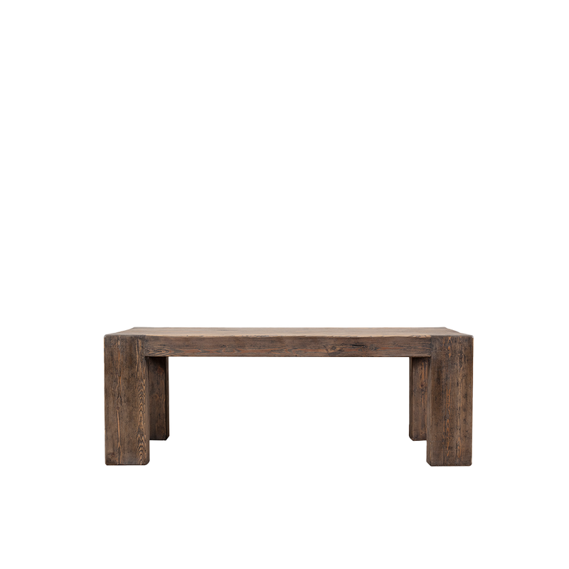 Mesa de comedor de madera maciza oscura, con cuatro patas rectas y tablero vetado