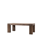 Mesa de comedor de madera maciza oscura, tablero rectangular y patas en bloque