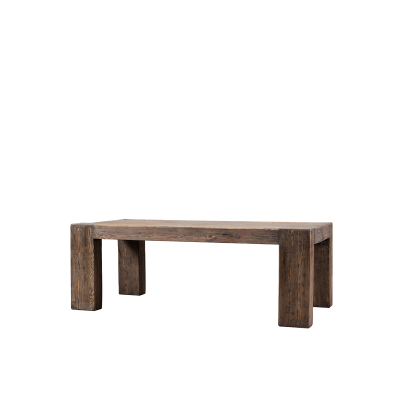 Mesa de comedor de madera maciza oscura, tablero rectangular y patas en bloque