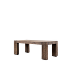Mesa de comedor de madera maciza oscura, vista lateral con cuatro patas macizas