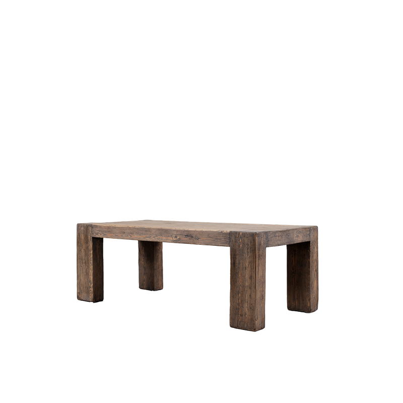 Mesa de comedor de madera maciza oscura, vista lateral con cuatro patas macizas
