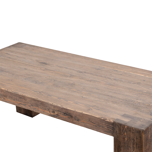 Tablero de mesa de comedor de madera maciza oscura, veta visible y acabado desgastado