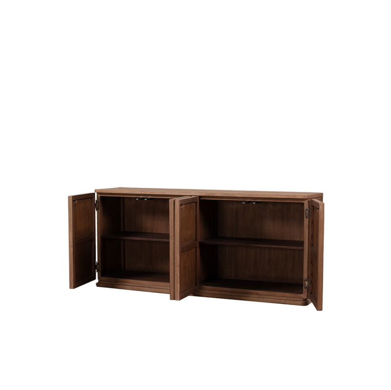 Aparador de madera con listones Heritage, puertas abiertas y estantes interiores