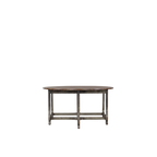 Mesa de comedor redonda con tablero de madera envejecida y patas metálicas oscuras