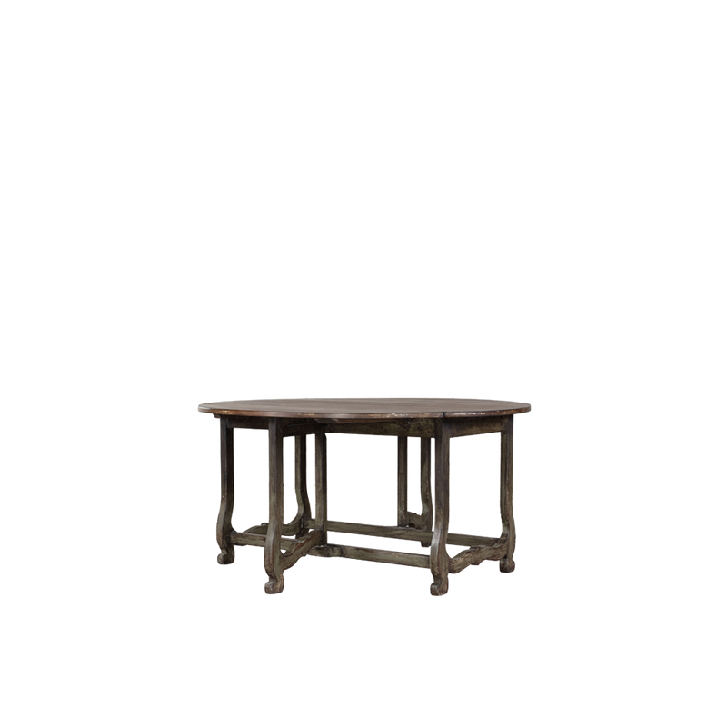 Mesa de comedor redonda con tablero de madera y estructura metálica envejecida